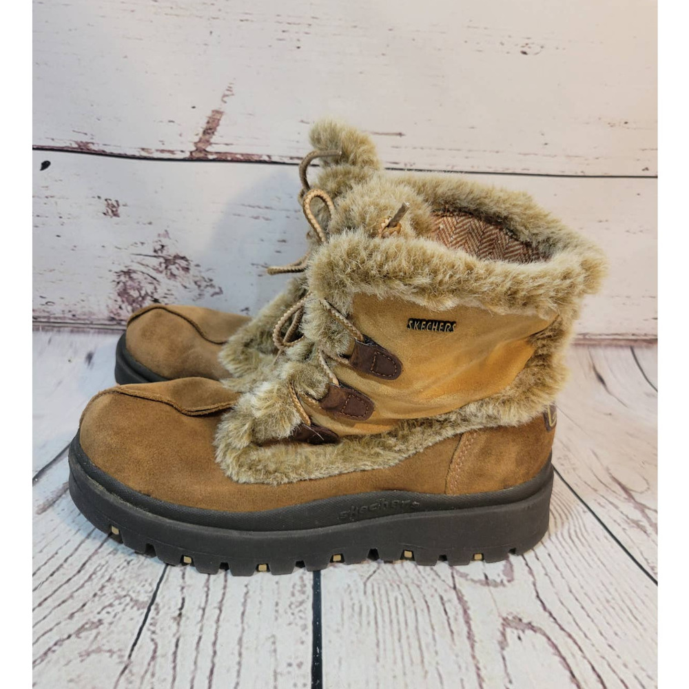 Skechers Booties Chestnut Leather Faux Fur Lace Up Winter Boots Women's 8.5